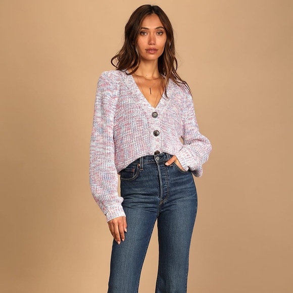 LULU’S White Multi Bright & Cozy Chunky Knit Button Up Cardigan Sweater - Picture 2 of 15